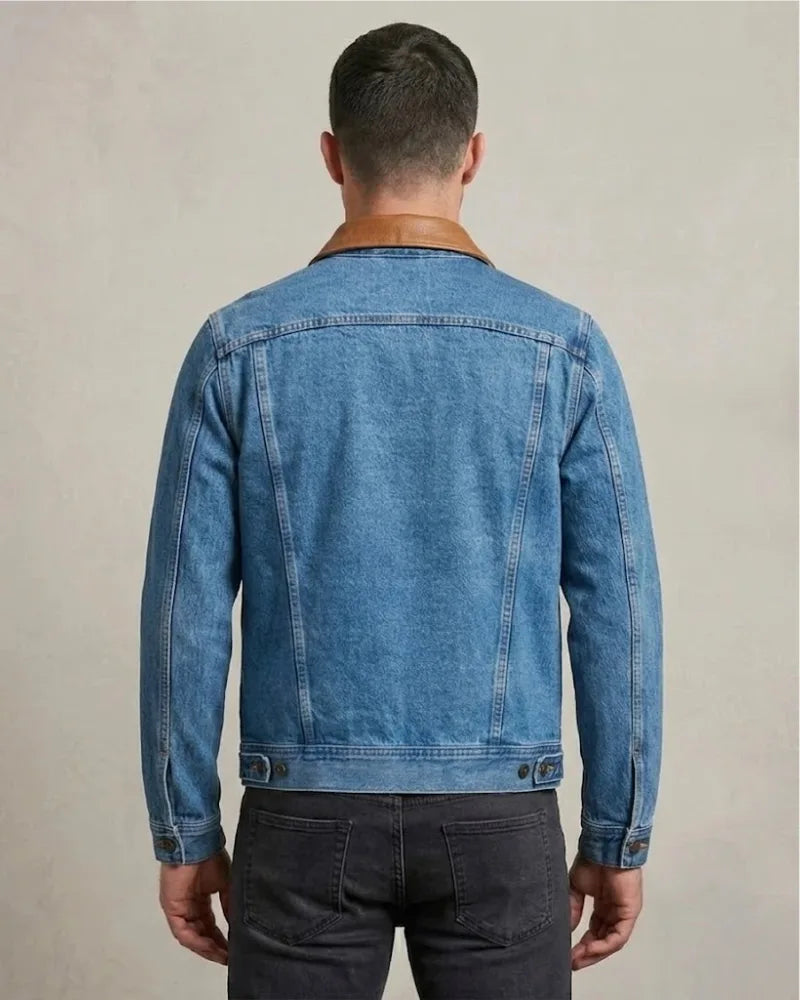 Men Light Wash Denim Jacket with Contrast Brown Leather Collar
