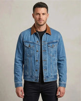 Men Light Wash Denim Jacket with Contrast Brown Leather Collar