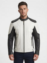 Men Black And White Cafe Racer Sheepskin Leather Jacket