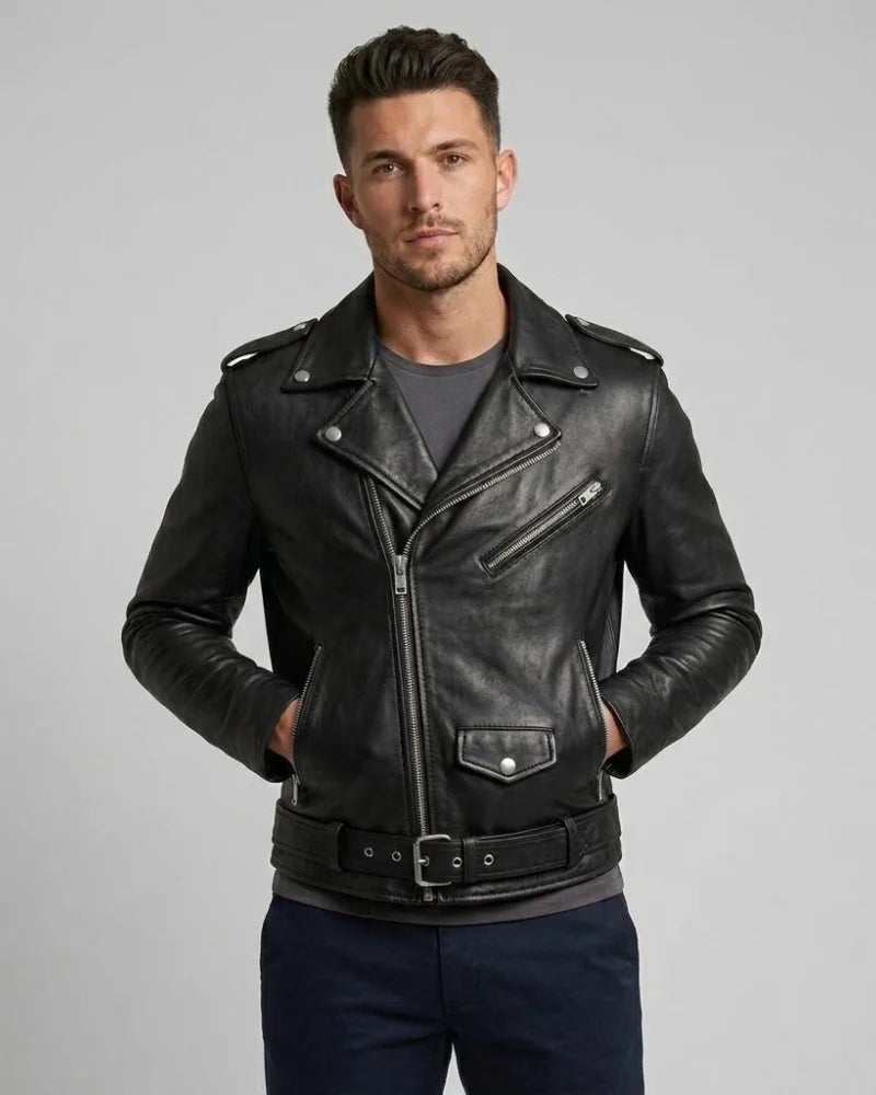 Men Black Motorcycle Leather Biker Jacket