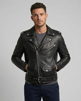 Men Black Motorcycle Leather Biker Jacket