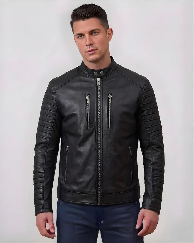 Men Black Motorcycle Leather Jacket With Shoulder Epaulets And Padded Sleeves