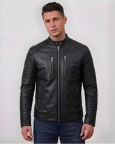 Men Black Motorcycle Leather Jacket With Shoulder Epaulets And Padded Sleeves