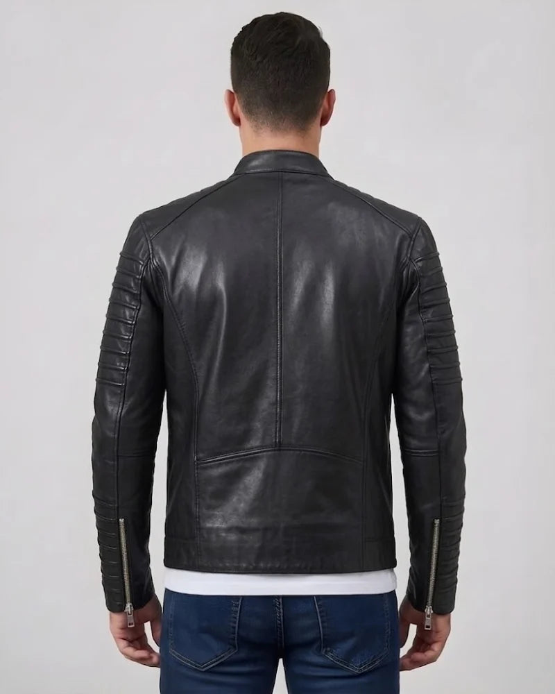 Men Black Motorcycle Leather Jacket With Shoulder Epaulets And Padded Sleeves