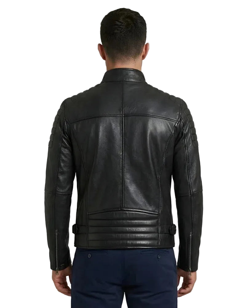 Unwind Leather Men Black Motorcycle Padded Leather Jacket on a white background