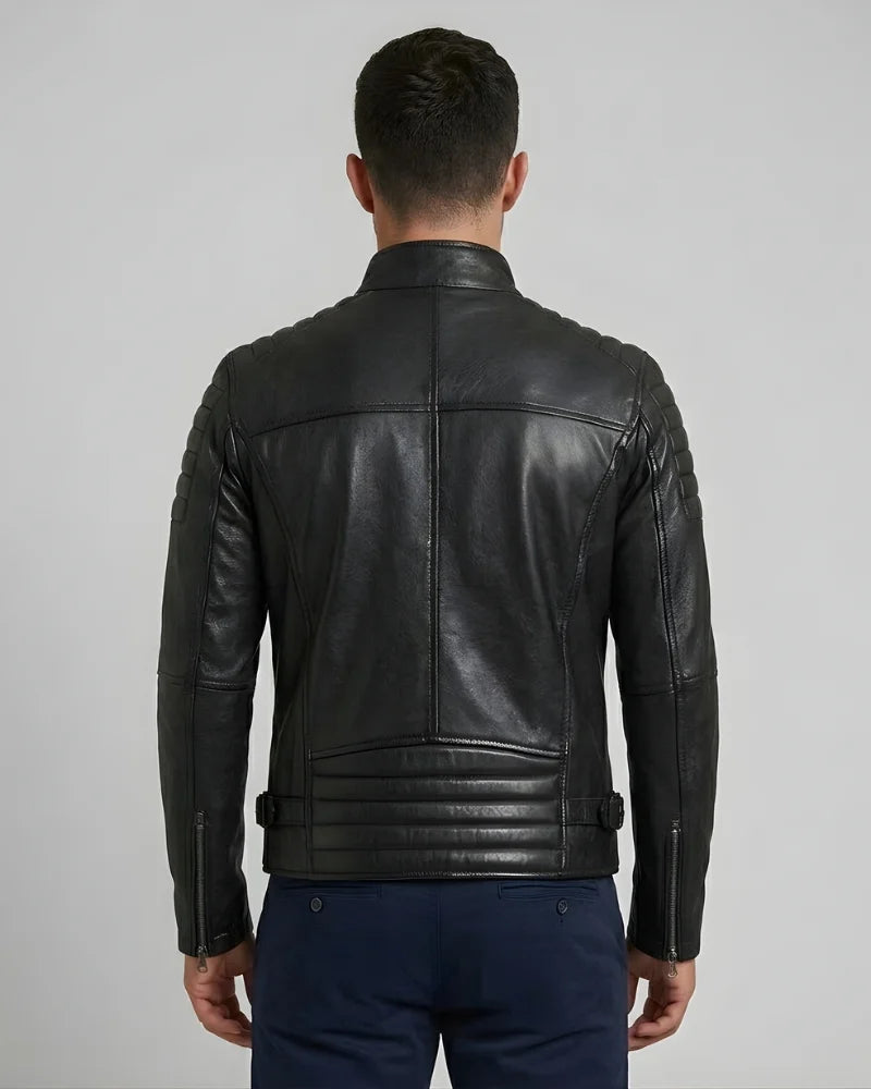 Unwind Leather Men Black Motorcycle Padded Leather Jacket on a white background