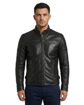 Unwind Leather Men Black Motorcycle Padded Leather Jacket on a white background