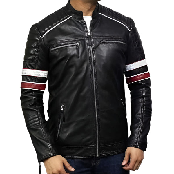 Unwind Leather Men Black Padded Cafe Racer Leather Jacket With Stripes on a white background