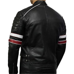 Unwind Leather Men Black Padded Cafe Racer Leather Jacket With Stripes on a white background