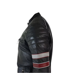 Unwind Leather Men Black Padded Cafe Racer Leather Jacket With Stripes on a white background