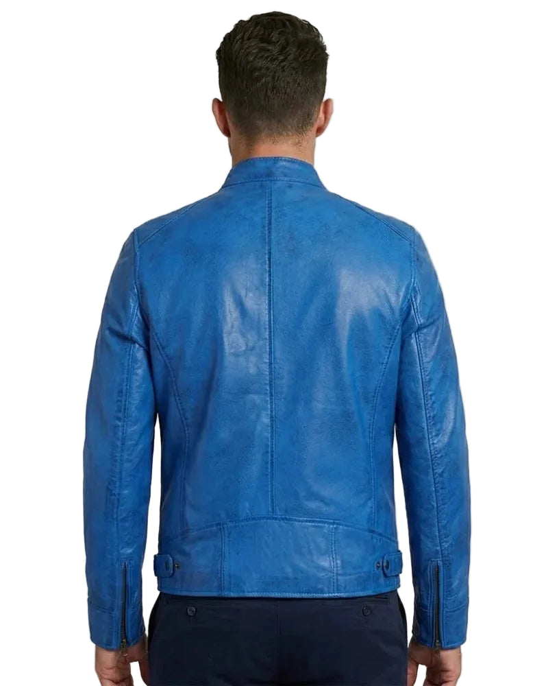 Blue leather jacket worn by a person on a plain background