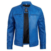 Unwind Leather Men Blue Cafe Racer leather Jacket with White Background