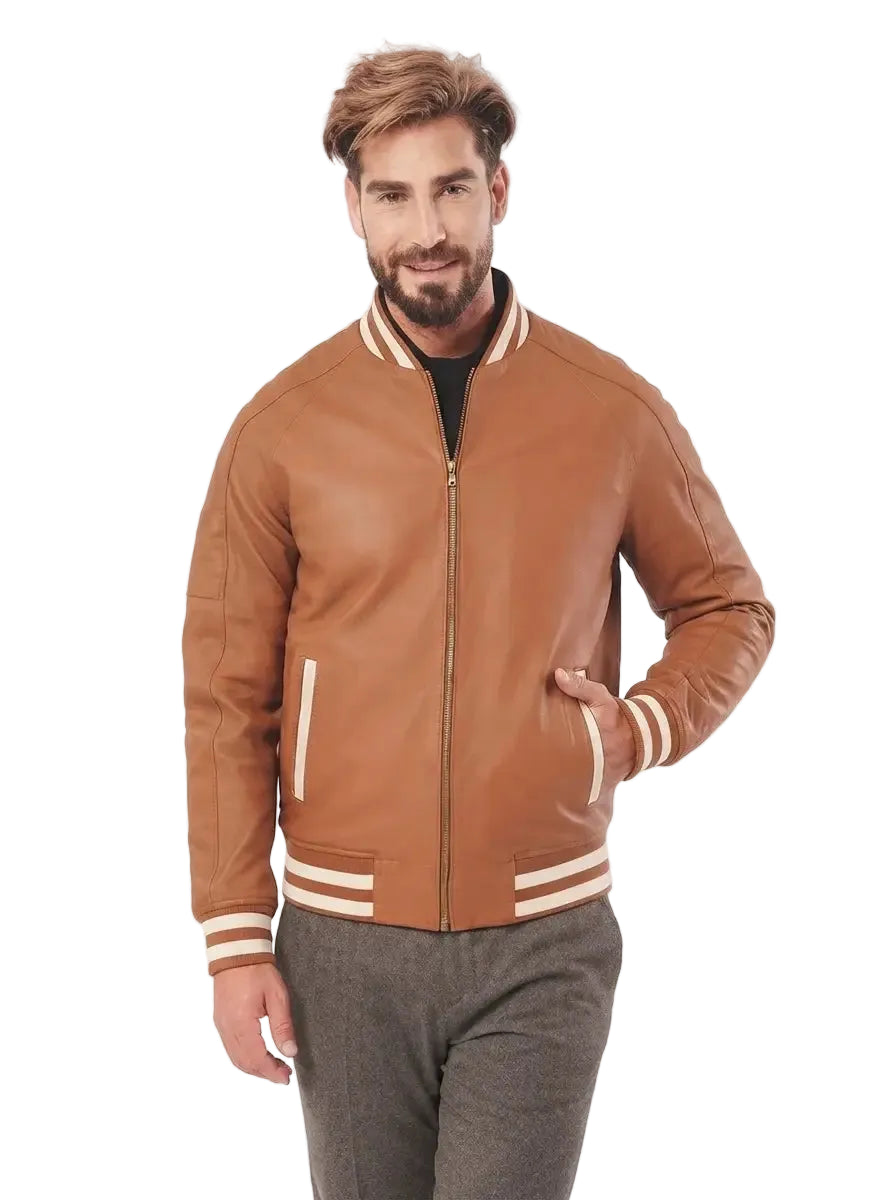 Men Brown Leather Varsity Jacket