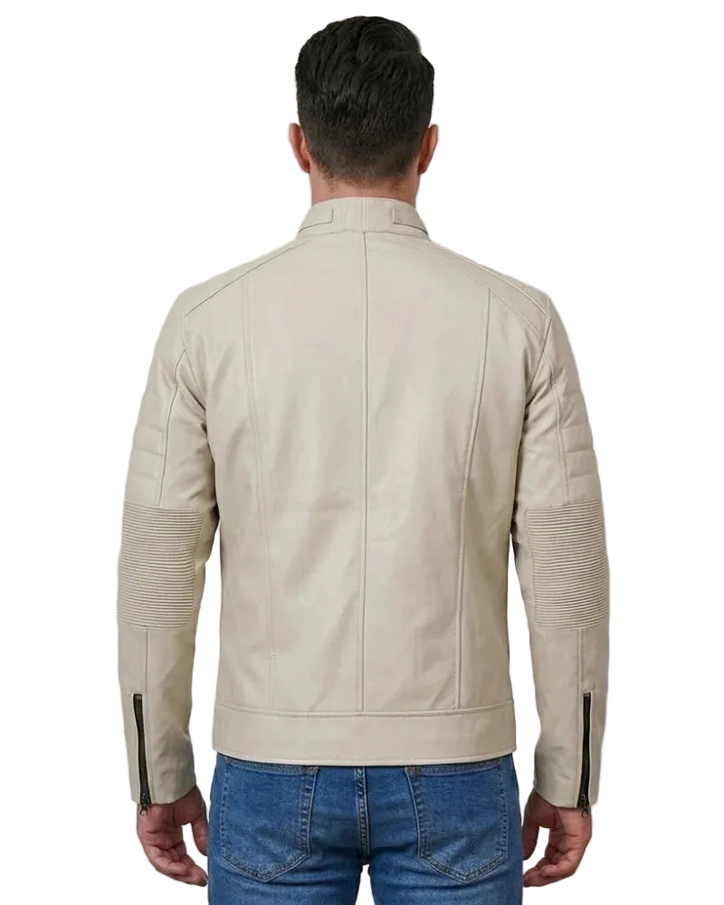 Men Cafe Racer Beige Leather Jacket
