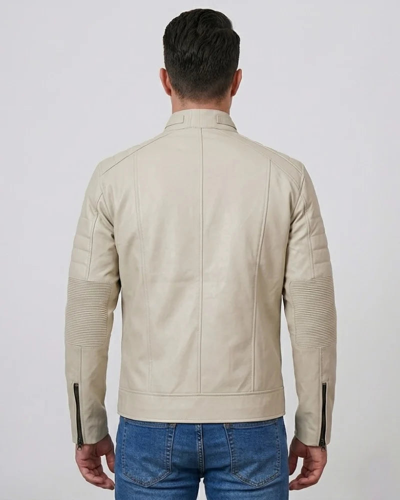 Men Cafe Racer Beige Leather Jacket