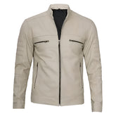Unwind Leather Men Cafe Racer Beige Leather Jacket on a white background