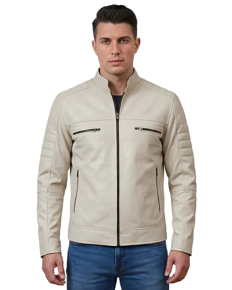 Men Cafe Racer Beige Leather Jacket