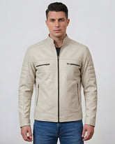 Men Cafe Racer Beige Leather Jacket
