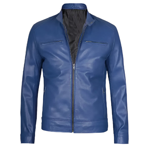 Unwind Leather Men Cafe Racer Blue Leather Jacket on a white background