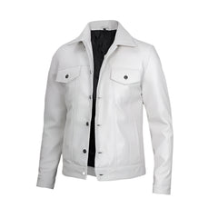 Unwind Leather Men Cafe Racer Style White Trucker Leather Jacket