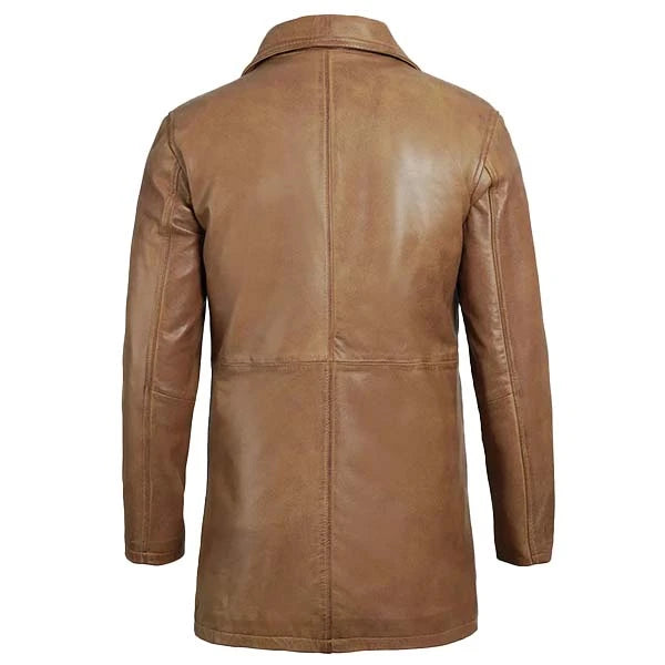 Unwind Leather Men Camel Brown 3/4-Length Leather Coat on a white background