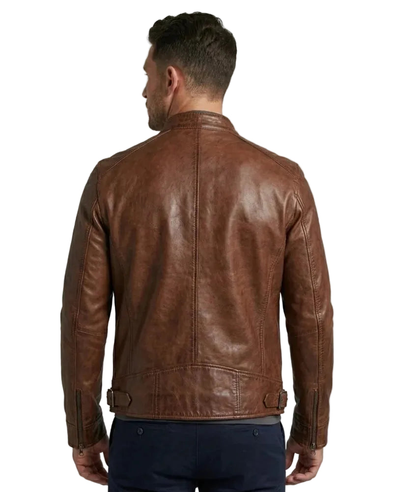 Men Cognac Cafe Racer Leather Jacket