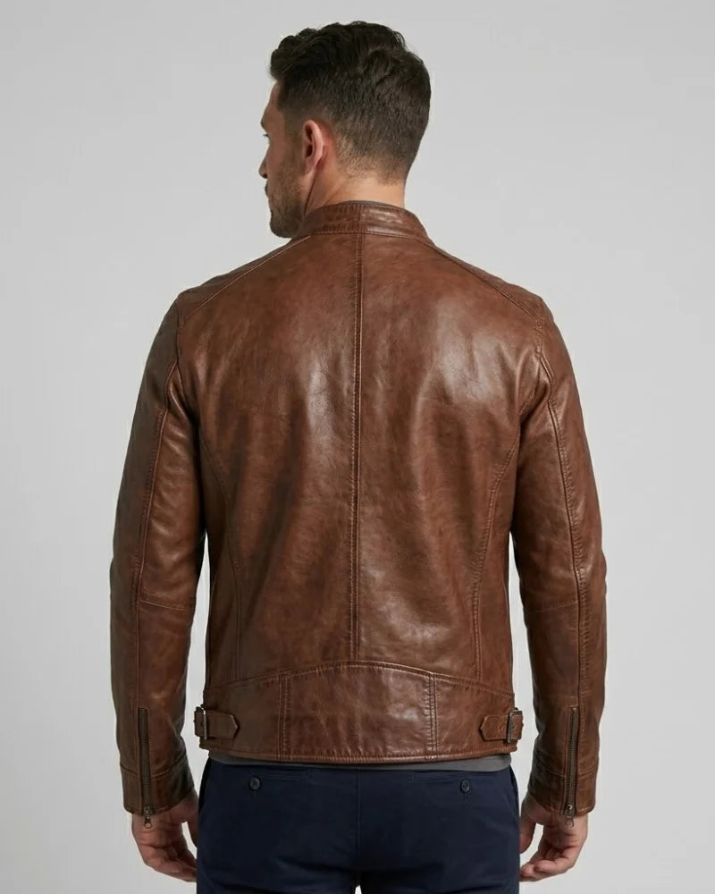 Men Cognac Cafe Racer Leather Jacket