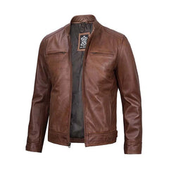 Unwind Leather Men Cognac Cafe Racer Leather Jacket on a white background