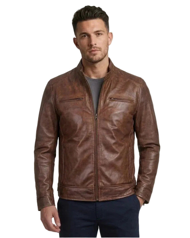 Men Cognac Cafe Racer Leather Jacket