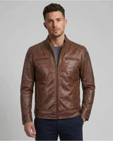 Men Cognac Cafe Racer Leather Jacket