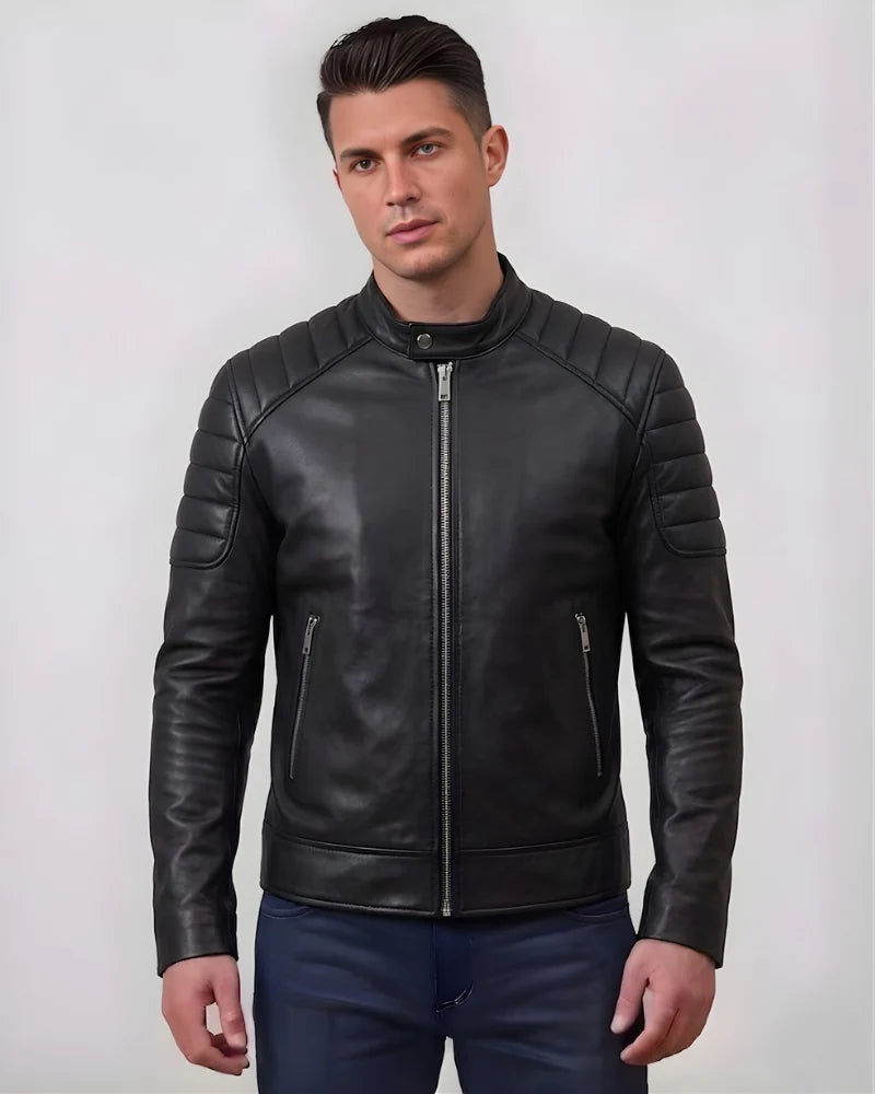 Men Distressed Black Leather Motorcycle Jacket