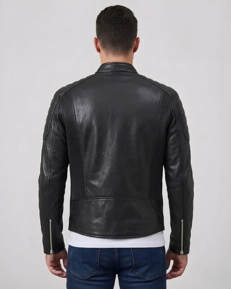 Men Distressed Black Leather Motorcycle Jacket