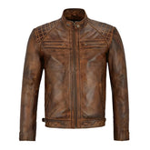 Unwind Leather Men Distressed Brown Cafe Racer Leather Jacket on a white background