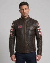 Men Distressed Brown Cafe Racer Leather Jacket With British Flag