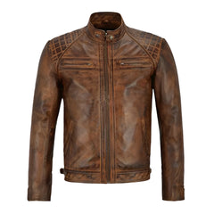 Unwind Leather Men Distressed Brown Cafe Racer Leather Jacket on a white background
