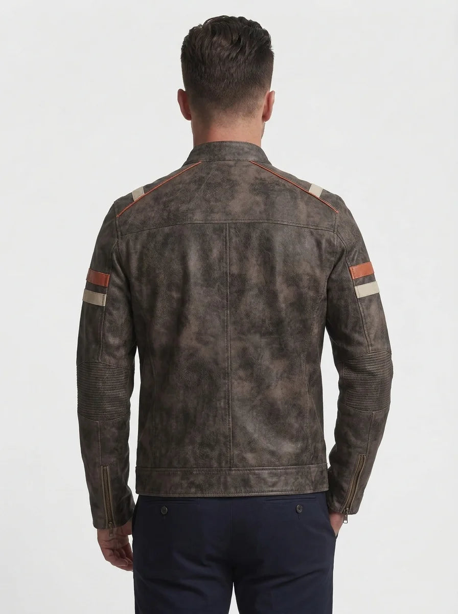 Men Distressed brown Cafe Racer Leather Jacket