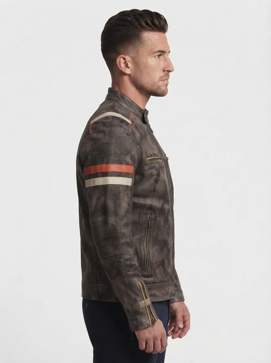 Men Distressed brown Cafe Racer Leather Jacket