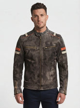 Men Distressed brown Cafe Racer Leather Jacket