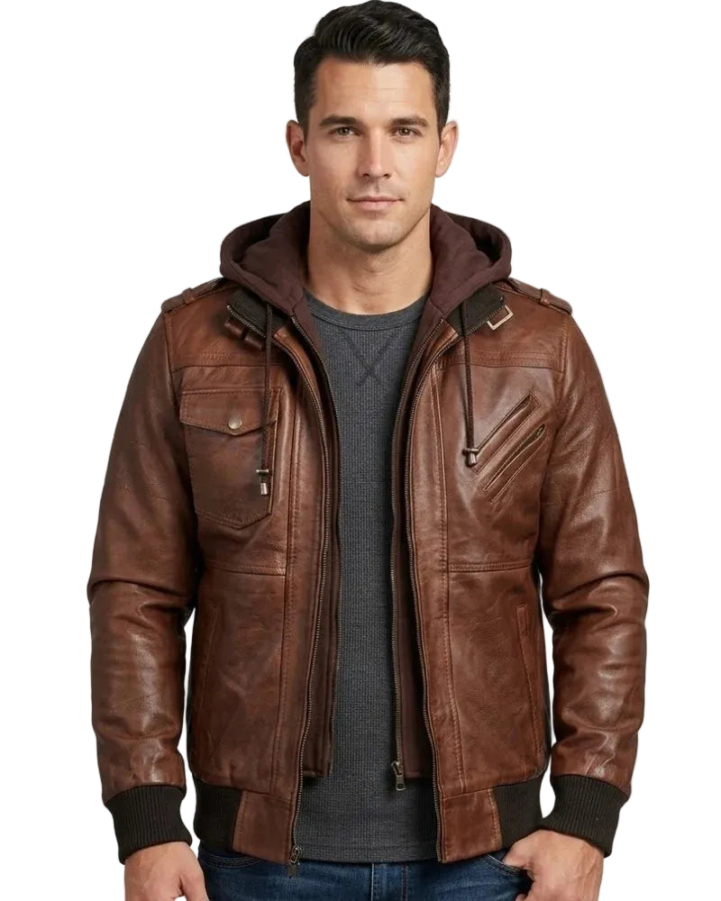 Man wearing a brown leather jacket with a hood on a gray background