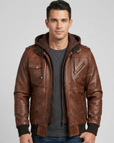 Man wearing a brown leather jacket with a hood on a gray background