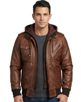 Man wearing a brown leather jacket with a hood on a gray background