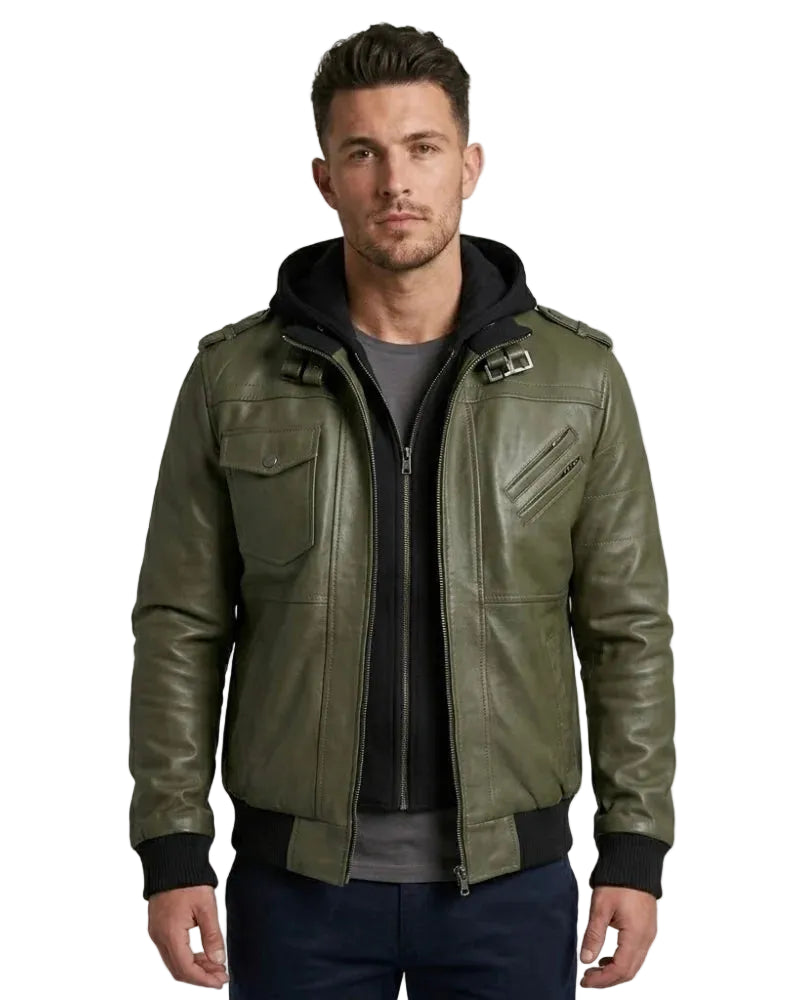 Men Green Leather Bomber Jacket with Removable Hood
