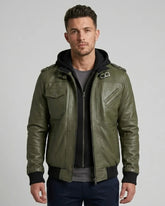 Men Green Leather Bomber Jacket with Removable Hood