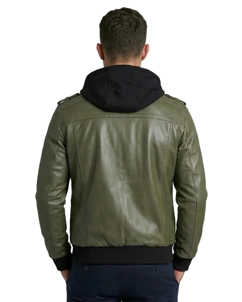 Men Green Leather Bomber Jacket with Removable Hood
