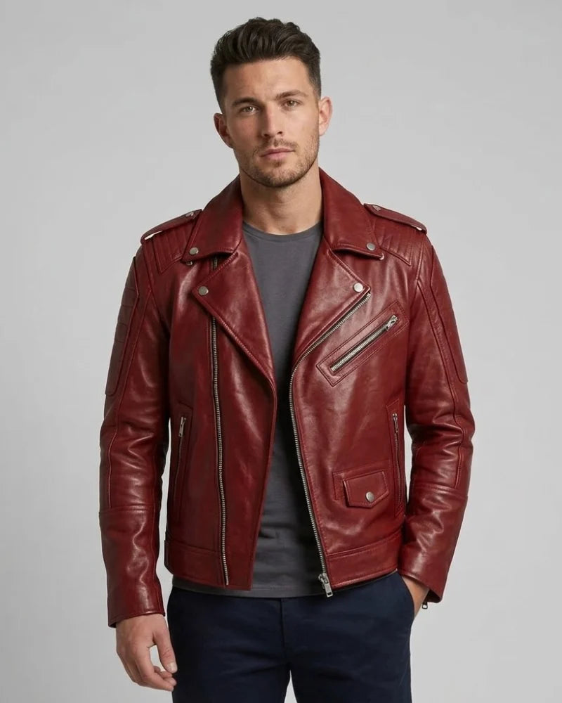 Men Maroon Motorcycle Padded Leather Jacket