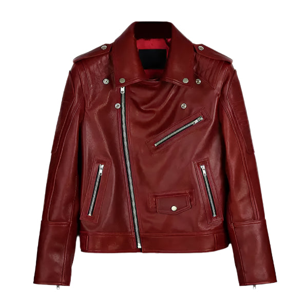 Unwind Leather Men Maroon Motorcycle Padded Leather Jacket on a white background