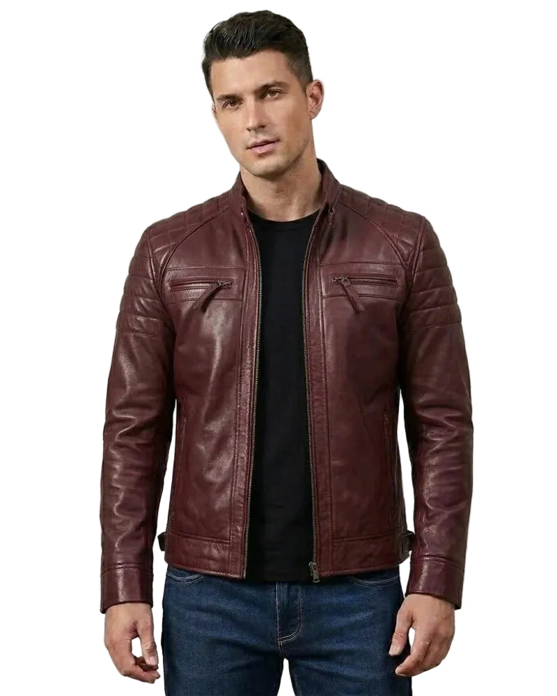 Men Maroon Quilted Biker Style Leather Jacket