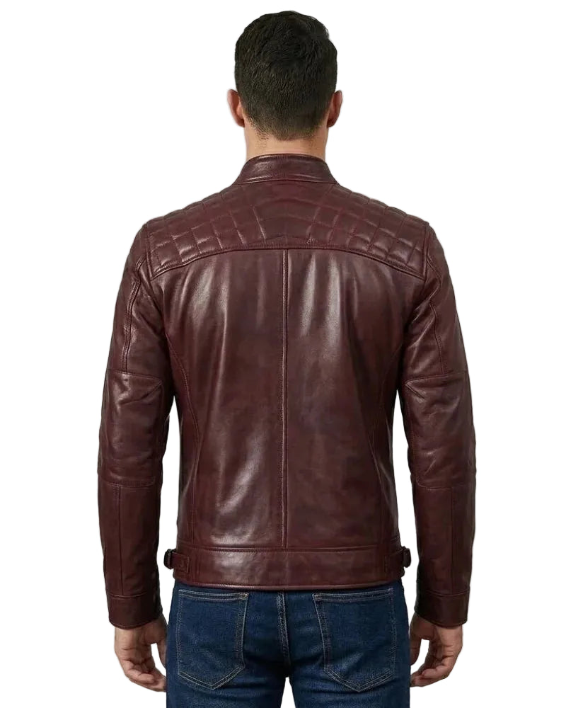 Men Maroon Quilted Biker Style Leather Jacket
