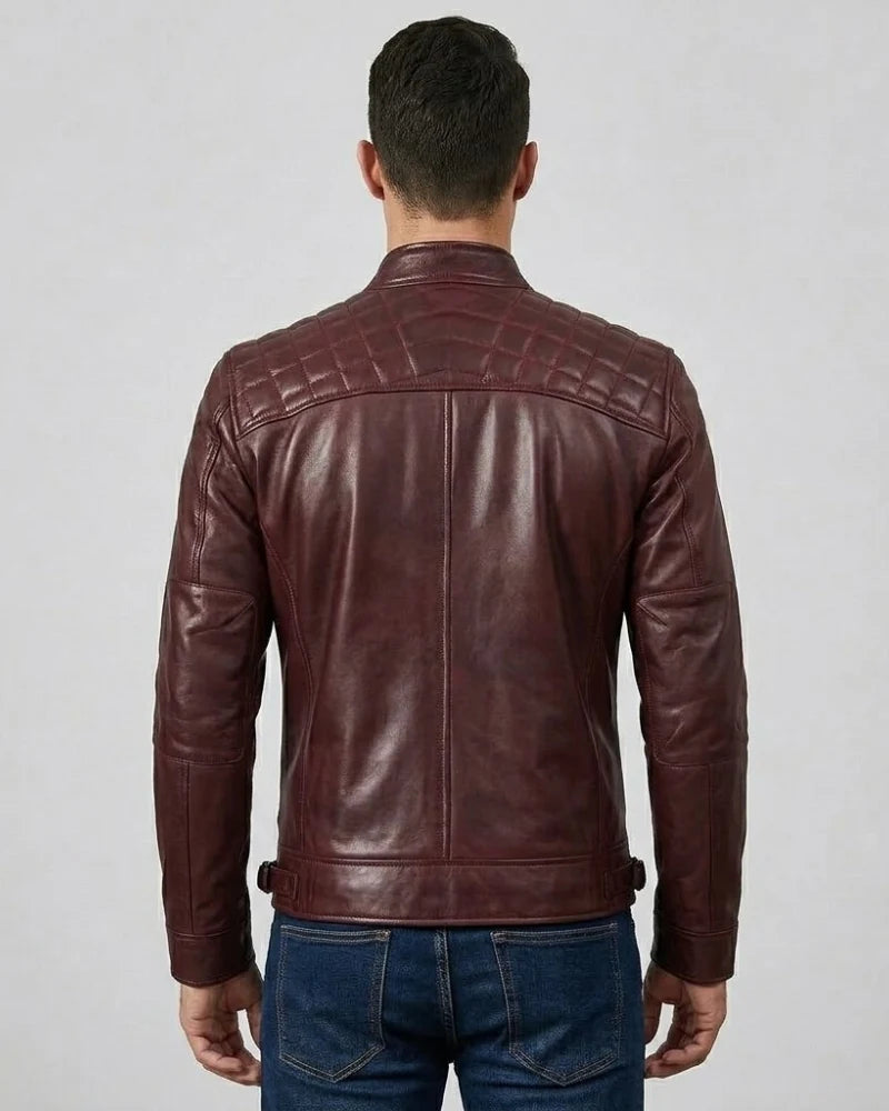 Men Maroon Quilted Biker Style Leather Jacket