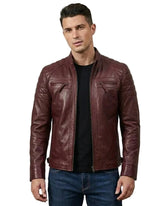 Men Maroon Quilted Biker Style Leather Jacket
